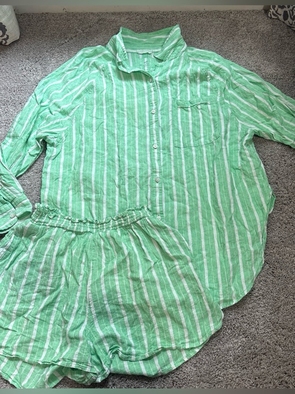 Kids Green Stripe Pajama Set - Lightweight Button-Up Top & Shorts